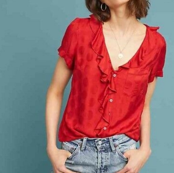 Maeve by Anthropolgie Red Ruffle Polka Dot Top - Picture 1 of 10